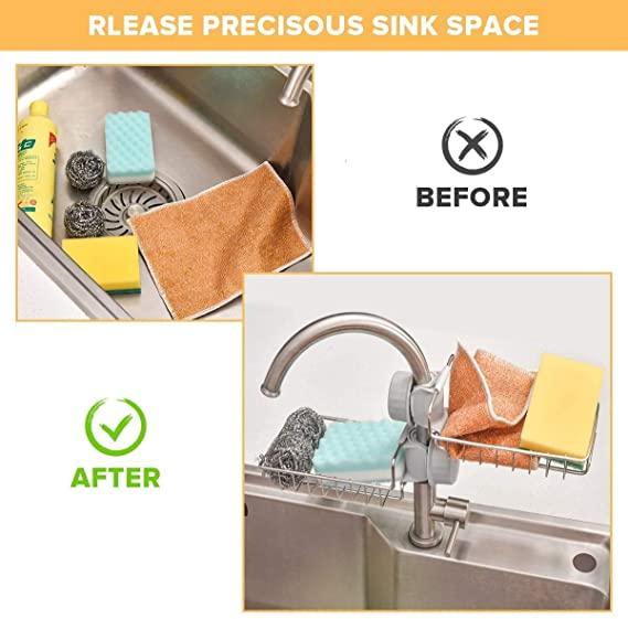 Sink Faucet- Kitchen Adjustable Sink Faucet Shelf Stainless Steel Drain Rack for Soap, Sponge, Clip Hanging Holder Dishcloth, Towel Rack