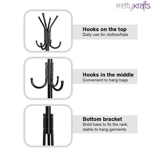 6 Hook Coat Hanger Clothes Stand Hanging Pole Wrought Iron Rack Standing Shelf Unit for Home, Bedroom Space